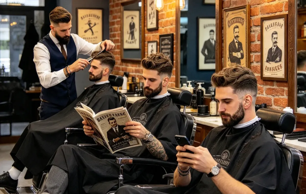 Trois clients installés dans les fauteuils du salon pendant qu’un barbier réalise une coupe