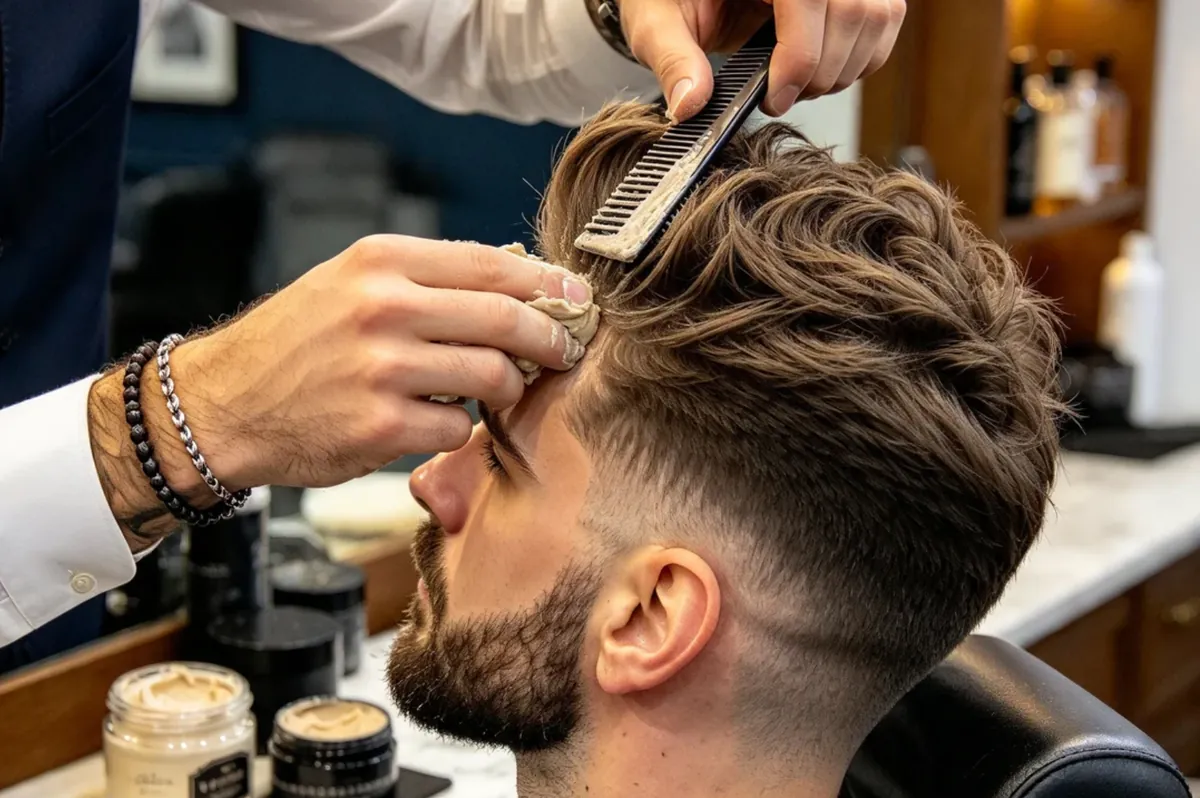 Un barbier applique un produit de coiffage et peigne les cheveux d’un client après une coupe dégradée