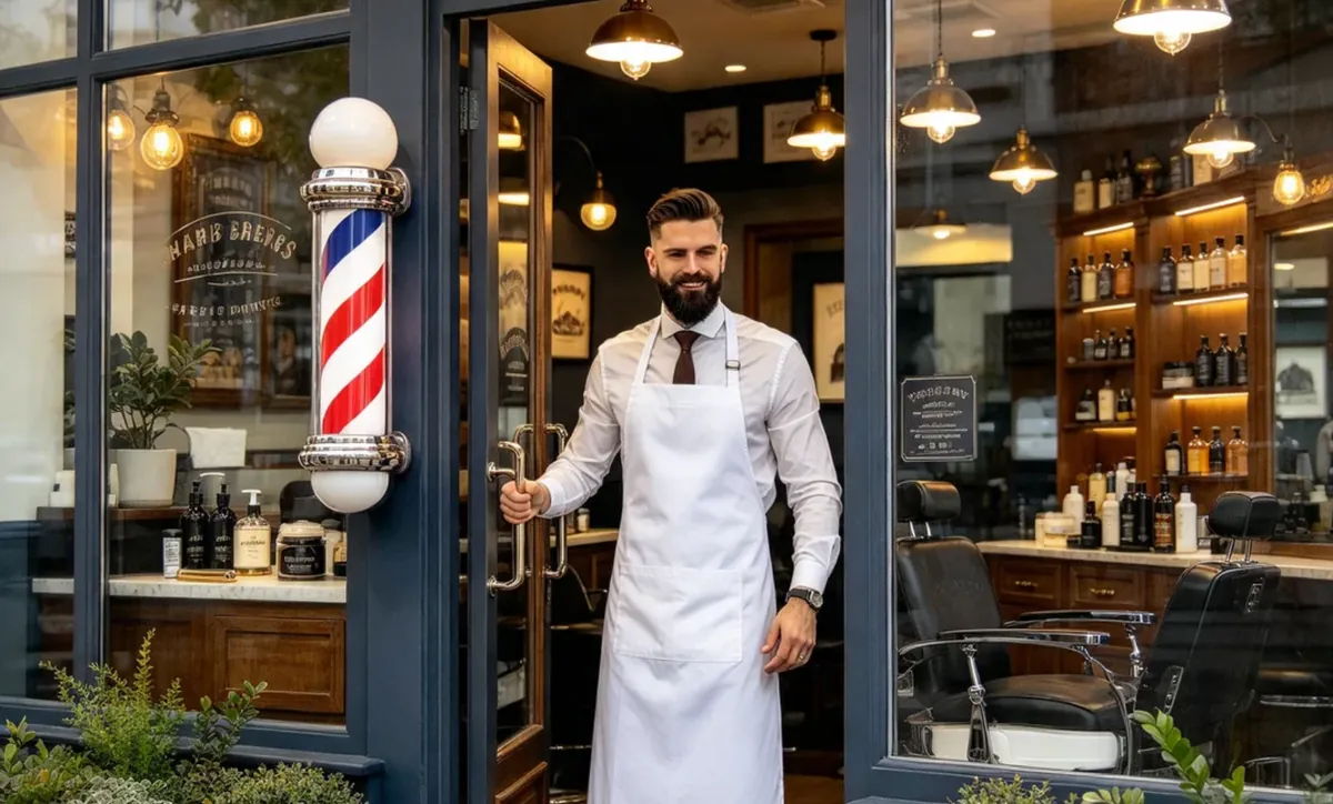 Le barbier accueille un client sur le seuil du salon, à côté du poteau de barbier