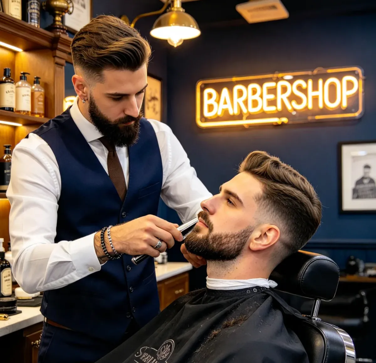 Un barbier taille la barbe d’un client installé dans le fauteuil, sous l’enseigne lumineuse du salon